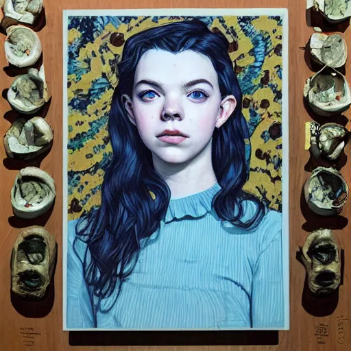 Image similar to anya taylor - joy portrait in detail in block colour by james jean,