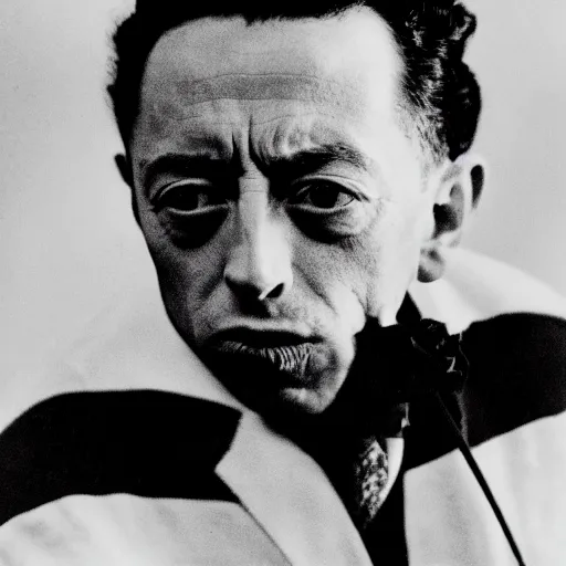 Image similar to 8k black and white photograph portrait of Albert Camus sticking his tongue out. National Geographic.