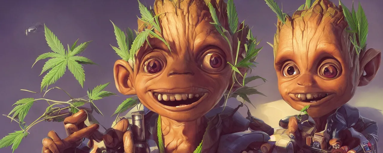 Image similar to portrait smiling round cute face cannabis!!, big eyes, marijuana!, baby groot, realistic shaded perfect face, cinematic volumentric lighting, jim cheung, david marquez, mike deodato jr, behance hd by jesper ejsing, by rhads, hyper detailed, octane render, concept art, artstation