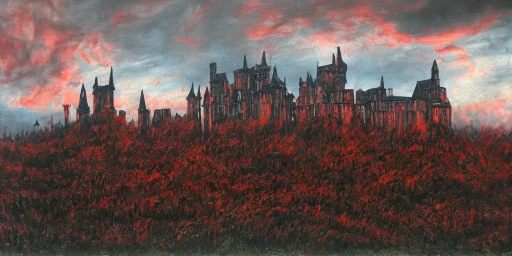 Image similar to a beautiful and gothic castle in the distance. Red sky. Dark ambient. Gothicpunk. Detailed oil on canvas. Art in style of Frances Ann Hopkins. High definition