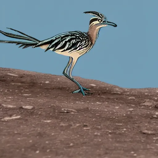 Image similar to roadrunner against the background of the planet mercury in blue and white