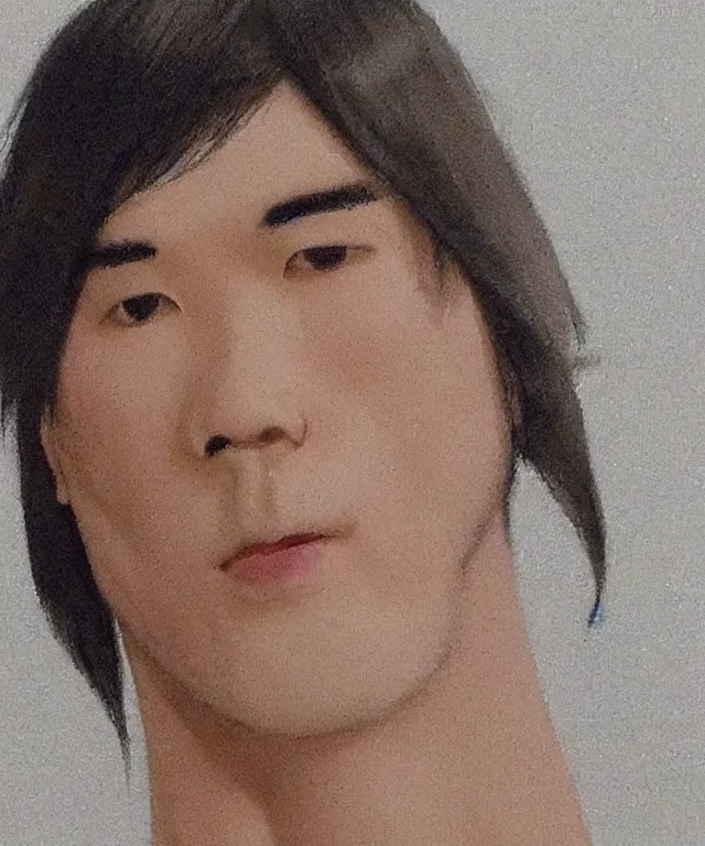 Image similar to a hybrid of asian man's body and victoria's secret white model's head, realistic