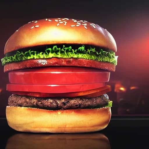 Image similar to burger with teeths haunts you for the rest of your life, horror, blood, creepy burger, 8 k, realistic, hdr, clear image,