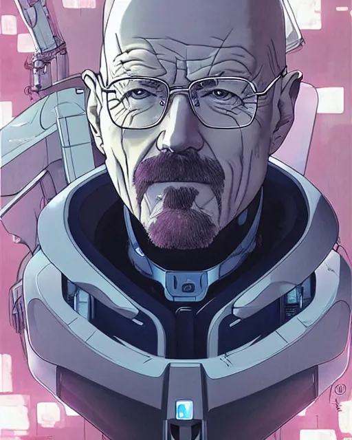 Image similar to portrait of walter white as a robot, cybernetic enhancements, art by makoto shinkai and alan bean, yukito kishiro