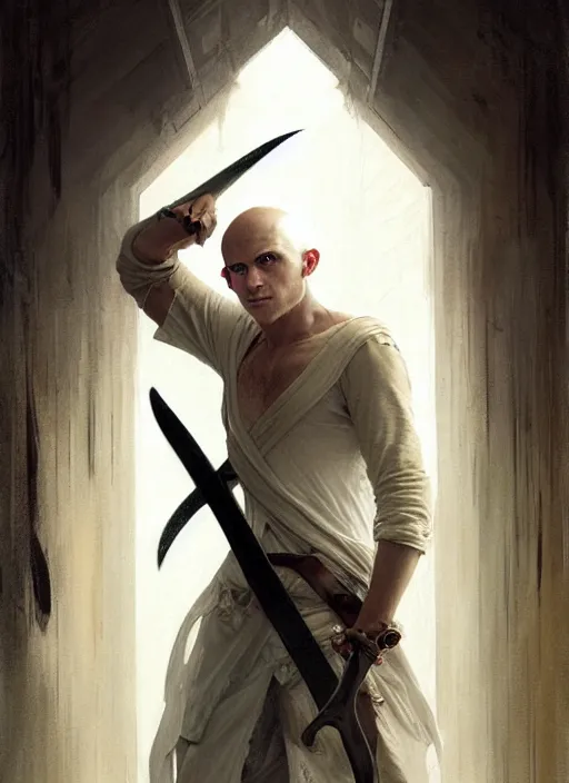 Image similar to a young man with wide, intense eyes, standing upside down on the ceiling of a hallway. he is bald and clean shaven, dressed entirely in white and holding a huge sword. painting by greg rutkowski and raymond swanland