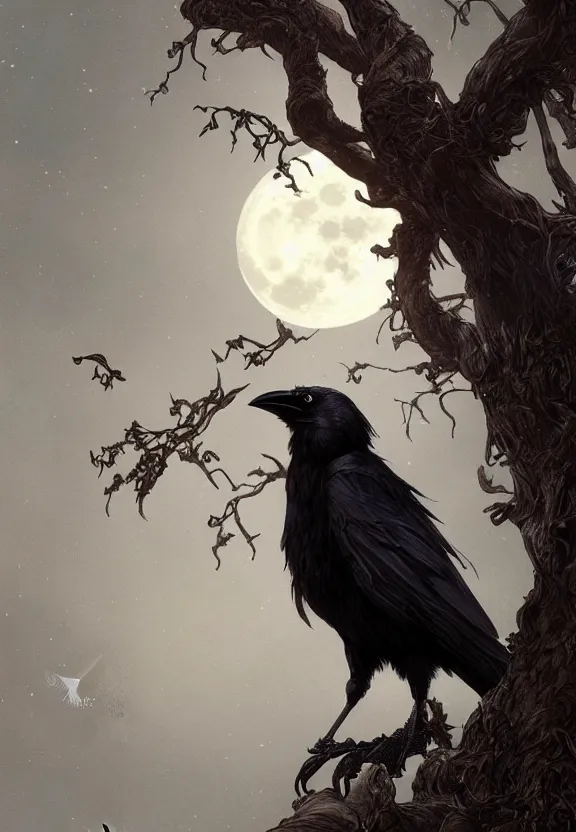 Image similar to crow on tree in front of the full big moon, highly detailed, digital painting, artstation, concept art, smooth, sharp focus, illustration, Unreal Engine 5, 8K, art by artgerm and greg rutkowski and alphonse mucha