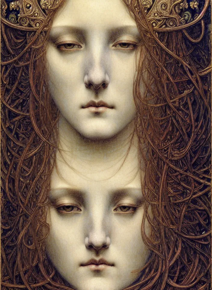 Image similar to detailed realistic beautiful young medieval queen face portrait by jean delville, gustave dore and marco mazzoni, art nouveau, symbolist, visionary, gothic, pre - raphaelite. horizontal symmetry