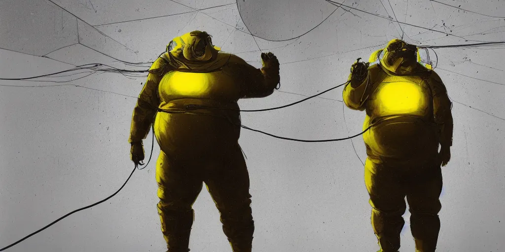 Image similar to portrait of a fat man sci fi soldier ranger, brutalist city architecture, dark epic, white and gold and yellow, emissive lights and cables and wires, high details, ceremonial clouds, dripping paint, fibonacci rhythm, artstation, art germ, wlop, pablo dominguez, sabbas apterus, award - winning, artstation