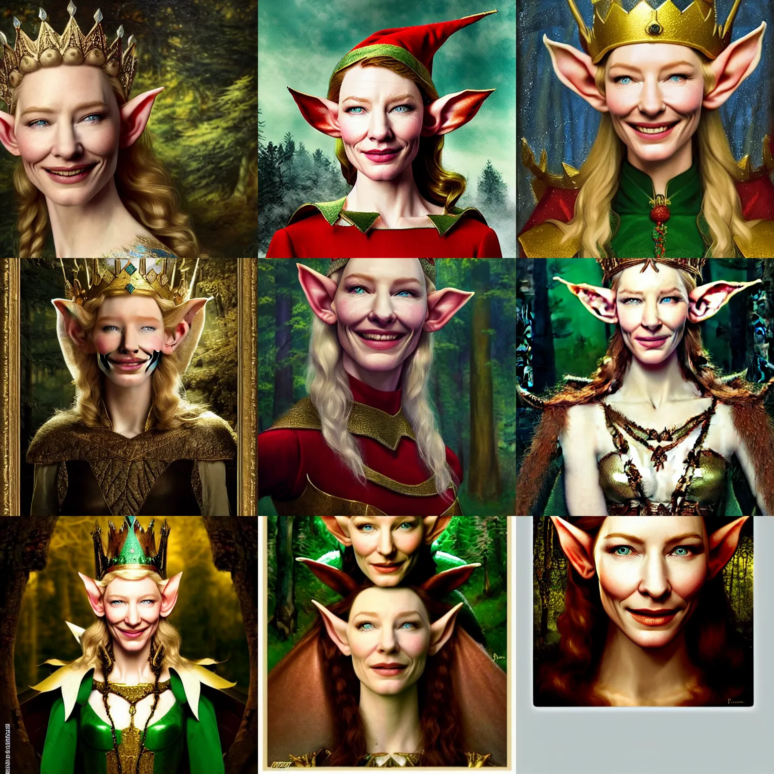 Prompt: An elf queen with a mischievous smile, who looks similar to young Cate Blanchett. The background is a eastern european forrest. cinematic lighting, theatrical, highly detailed, realistic, antique painting by Paul Brason