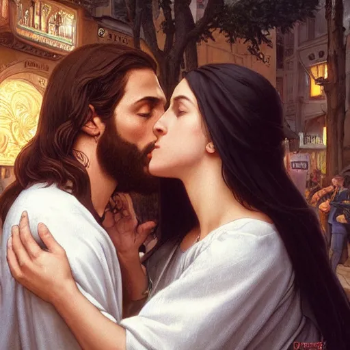 Prompt: jesus kissing a woman in a street, elegant, highly detailed, digital painting, artstation, concept art, matte, sharp focus, highly detailed, 4 k, hdr, smooth, sharp focus, high resolution, award - winning photo, photorealistic, art by artgerm and greg rutkowski and alphonse mucha, large shot