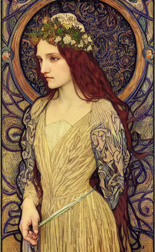Image similar to detailed realistic beautiful young medieval queen face portrait by jean delville, alphonse mucha, vincent van gogh, and marco mazzoni, art nouveau, symbolist, visionary, gothic, pre - raphaelite