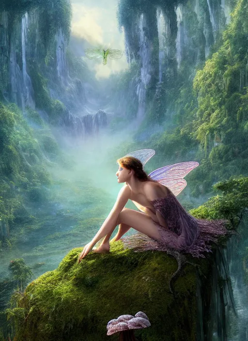 Prompt: an elegant fairy with wings of lace sitting and looking out at a lord of the rings scenery landscape, vast lush valley flowers and mushroom structures, stream, sunrise, god's rays highly detailed, vivid color, cinematic lighting, perfect composition, 8 k, gustave dore, derek zabrocki, greg rutkowski, belsinski, octane render