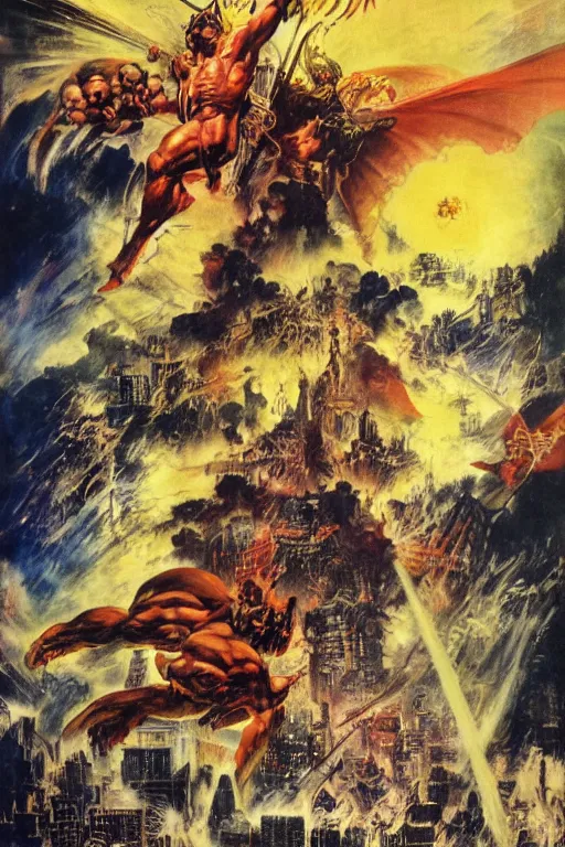 Prompt: Movie poster of Ophanim attacking new york, by Noriyoshi Ohrai, frank frazetta, ilya repin,