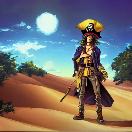 Image similar to Painting of an anime pirate captain in the middle of a desert
