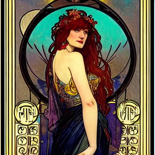 Image similar to florence welch portrait by louis - theophile hingre and alphonse mucha, realistic, sharp focus, zodiac signs, tarot cards, planets, ethereal, art nouveau, magic, moon, sun, crown, dreamy, royal, jewellery