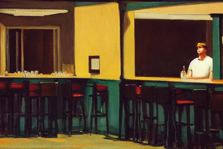 Image similar to mid - thirties guys binge drinking in an empty bar, in the style of edward hopper