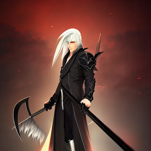 Image similar to digital art of a pale menacing Sephiroth with piercing eyes, gilded black uniform, he commands the fiery power of resonance and wrath, by WLOP, Artstation, CGsociety