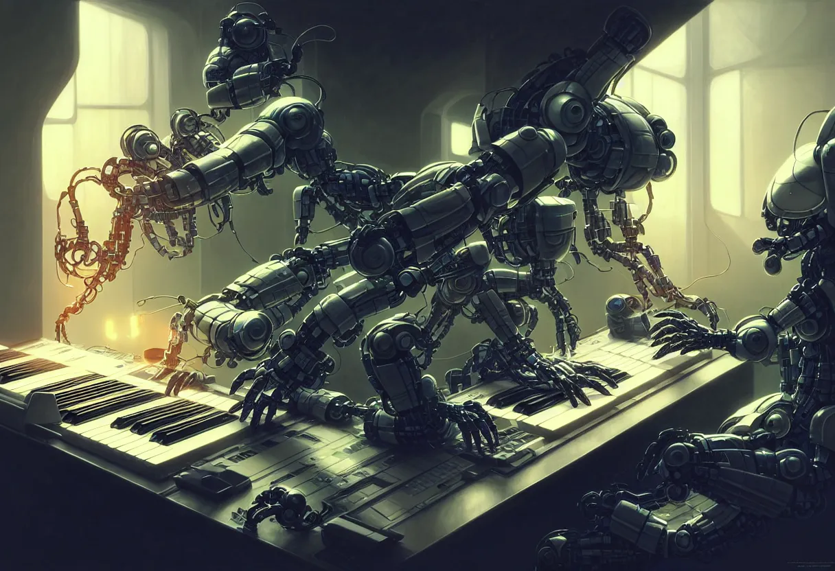 Image similar to beautiful render, funny synthesizer robot playing keyboards, ONE ROBOT, symmetry, cyberpunk, sci-fi, fantasy, intricate, elegant, highly detailed, digital painting, artstation, concept art, smooth, sharp focus, octane render, dramatic lighting, art by artgerm and greg rutkowski and alphonse mucha and wlop