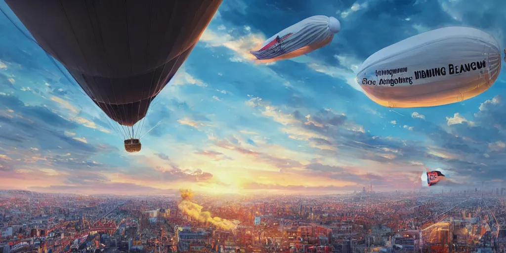 Prompt: the hindenburg blimp flying over the city, ultra detail, photoreal, bright colors, professionally retouched, wide angle, 8 k high definition, insanely detailed, intricate, elegant, art by artgerm and wlop