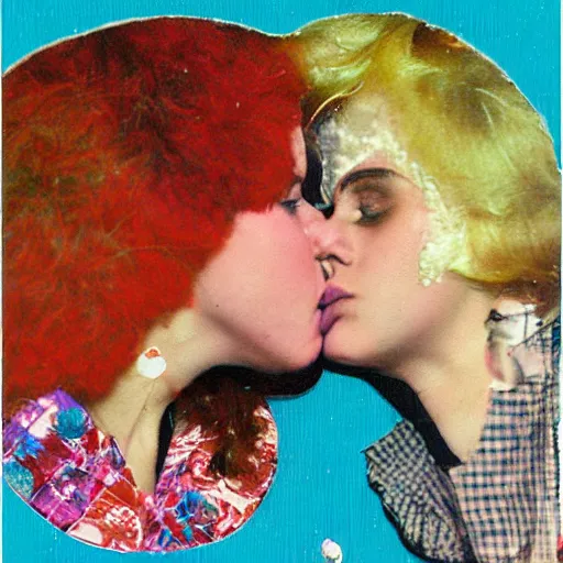 Image similar to two women kissing at a carnival, mixed media collage from 7 0 s, retro, lowfi, magazine collage