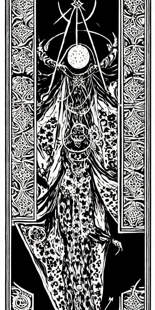 Image similar to a beautiful black and white fractal tarot card featuring bold occult imagery with clean lines. female demon.