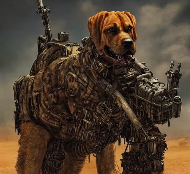 Image similar to a good ol'bloodhound dog fursona ( from the furry fandom ), heavily armed and armored facing down armageddon in a dark and gritty version from the makers of mad max : fury road. witness me.