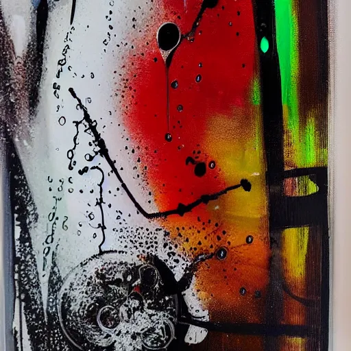 Prompt: “abstract, liquids, insects, dripping, sharp, crooked, scientific glassware, Acrylic and spray paint and oilstick on canvas, computing”