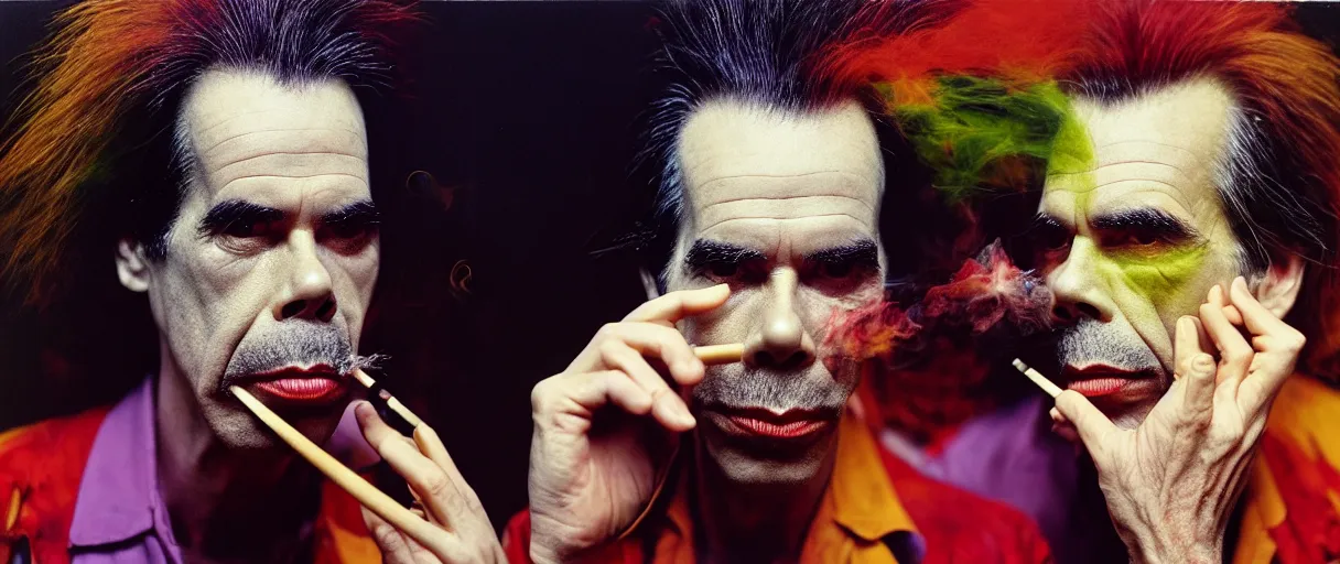 Image similar to award winning photo of NICK CAVE smoking DMT, vivid colors, happy, symmetrical face, beautiful eyes, studio lighting, wide shot art by Sally Mann & Arnold Newman