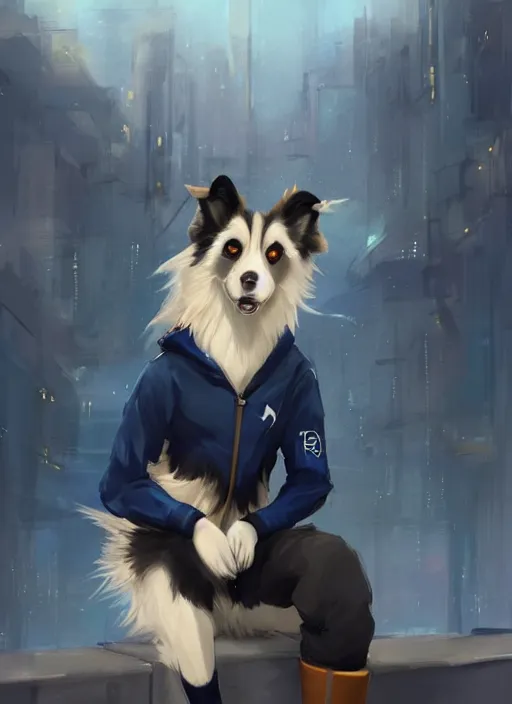 Image similar to beautiful portrait of a cute male anthropomorphic border collie fursona wearing a blue tracksuit in a metropolis. character design by charlie bowater, henry asencio, and ross tran. scenic background, detailed, glamor pose, aesthetic, trending on artstation, top rated on furaffinity and deviantart