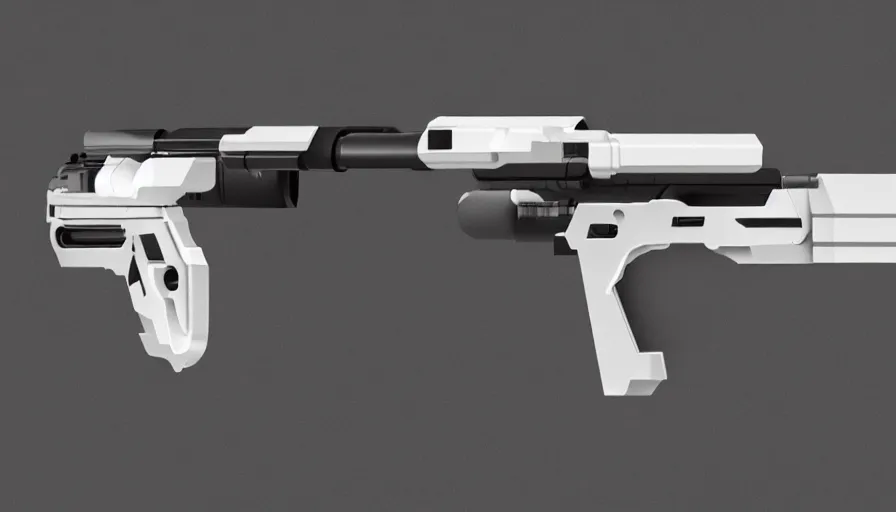 Image similar to extremely detailed ultra realistic photographic side view minimalist magnum pistol coilgun, detailed trigger, chemically propelled, battery, smooth streamline, battery and wires, railgun, chemrail, gauss, elegant sleek smooth body, white paint, smooth utopian design, ultra high quality, octane, artstation, destiny, warframe, terminator