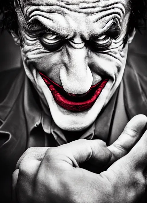 Prompt: photo of Sylvester Stallone as the Joker by Lee Jeffries , big smile, head shot, detailed, award winning, Sony a7R