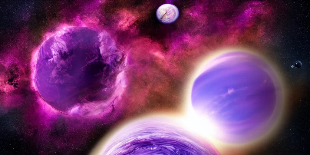 Image similar to an image of two planets with beautiful swirling purple clouds in the background. one planet is earth - like. a digital rendering, magnificent space art, pixabay contest winner. uhd image from space engine. extremely high fov.