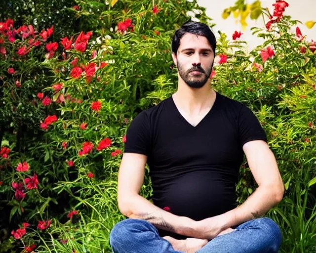 Image similar to mr robert smoke weed and meditate in the garden, he has dark black hair, young, detailed glad face, muscular chest, pregnant belly, golden hour closeup photo, red elegant shirt, eyes wide open, ymmm and that smell