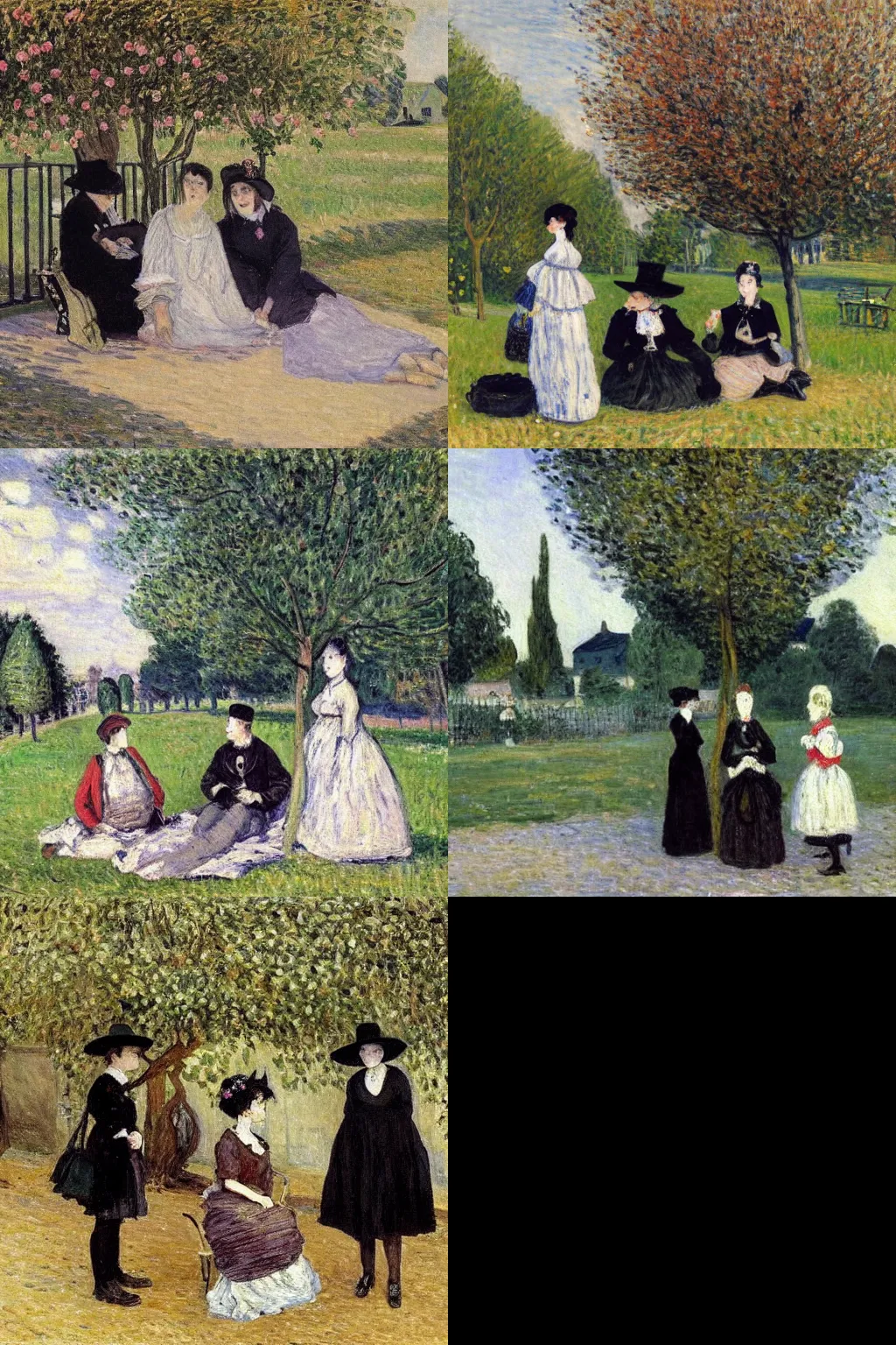 Prompt: an hd painting by alfred sisley. three goths loitering in the shade, talking beneath a cherry tree outside a blockbuster video store.