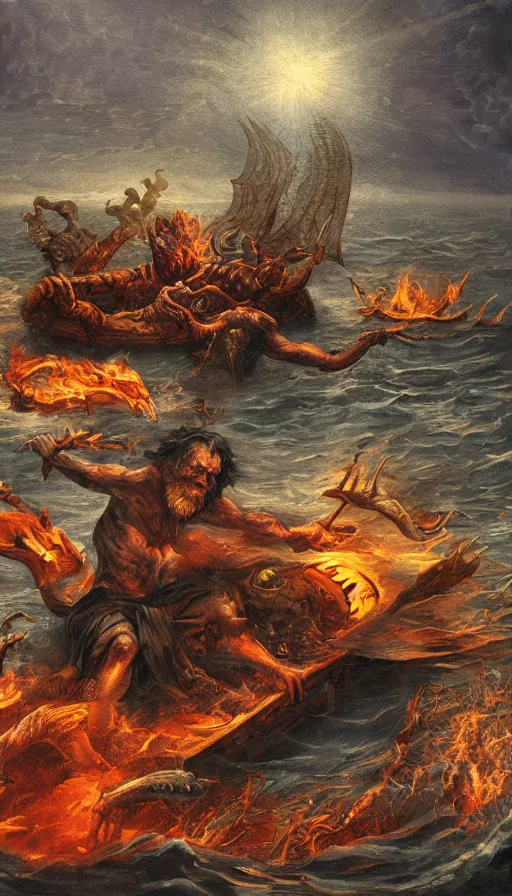 Image similar to man on boat crossing a body of water in hell with creatures in the water, sea of souls, by steve argyle