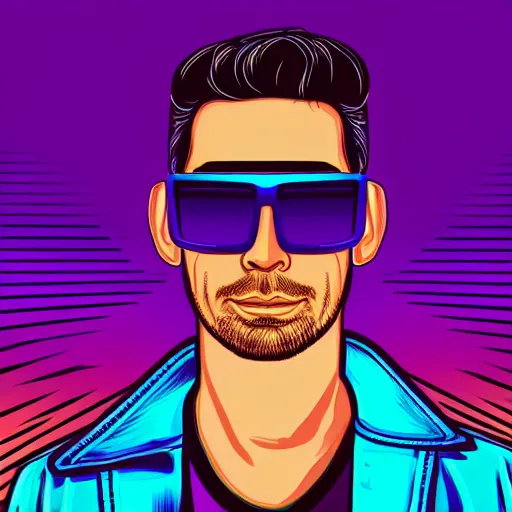 Image similar to 3 / 4 view closeup portrait of johnny silverhand with light blue shutter shades in front of a sunset, a dark purple leather jacket, vector art by jan tengnagel, pixabay contest winner, retrofuturism, retrowave, synthwave, outrun, portrait, synthwave