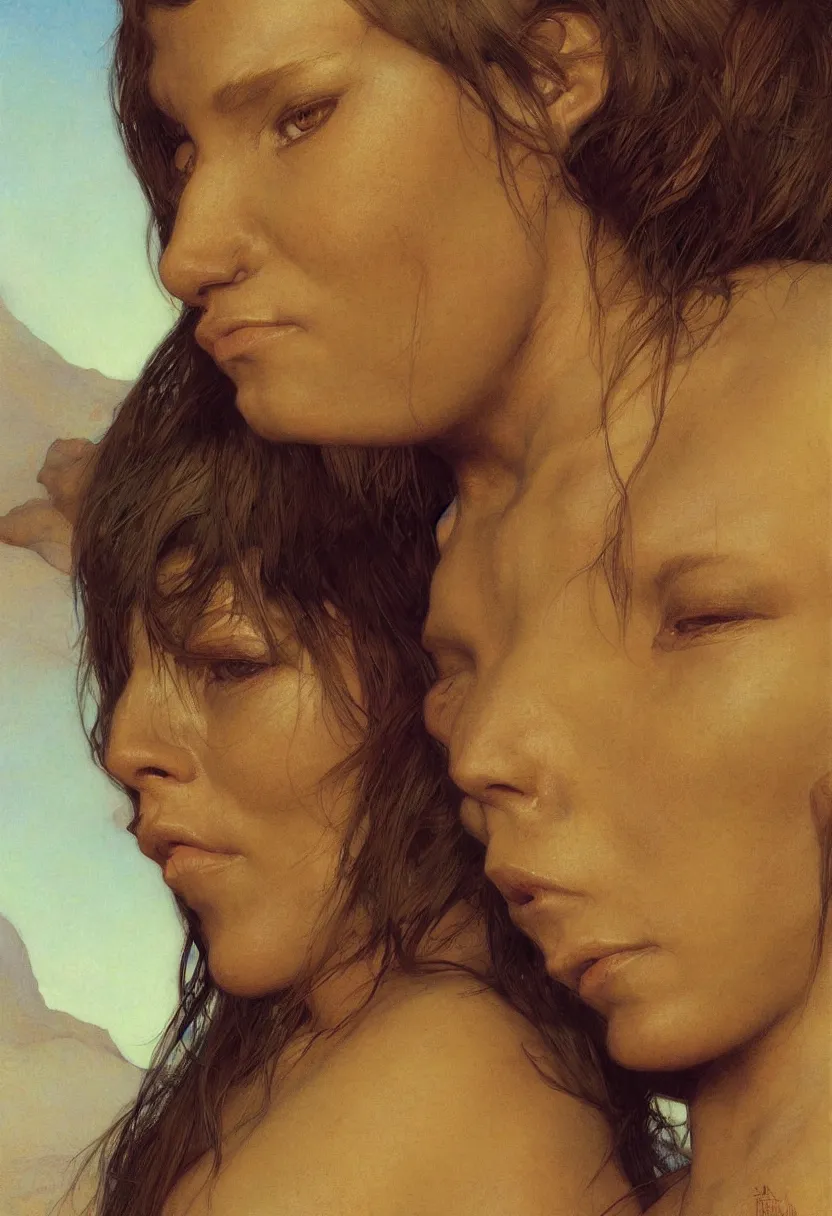 Image similar to a portrait of a beautiful exotic female fremen on dune, close up detail shot, by edgar maxence artgerm ross tran and michael whelan and gustav klimpt