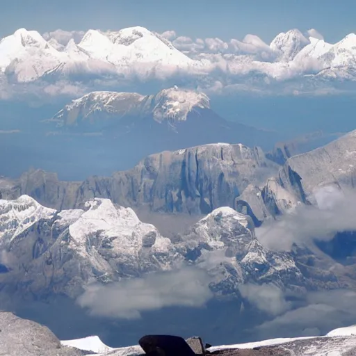 Image similar to stonehenge at the top of everest, with pyramids visible at the horizon