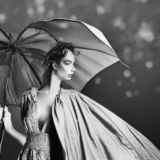 Prompt: close up of face of a wet fashion model in luxury dress and umbrelly, heavy rain, dramatic lighting, official dior editorial, highly detailed