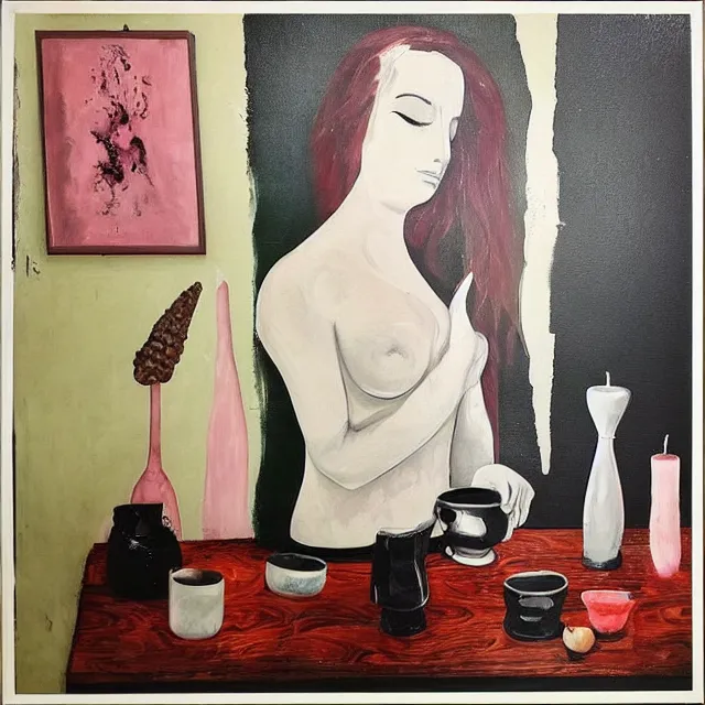 Image similar to “ a portrait in a female art student ’ s apartment, sensual, a pig theme, pork, pottery supplies, sculpture work in progress, a candle dripping white wax, pottery glaze, squashed berries, berry juice drips, acrylic and spray paint and oilstick on canvas, surrealism, neoexpressionism ”