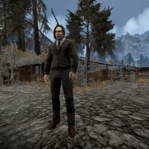 Image similar to saul goodman visits whiterun skyrim, highly detailed, realistic