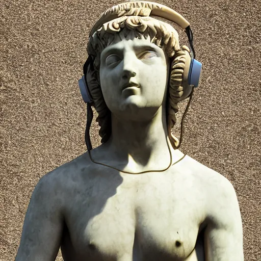 a roman statue wearing headphones listening to music, | Stable ...