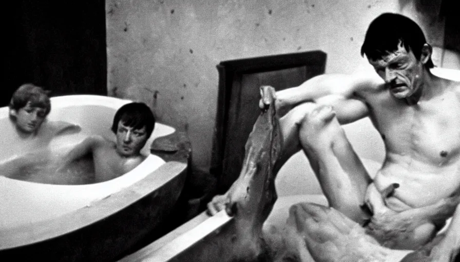 Image similar to 1 9 6 0 s movie still by tarkovsky of jean - paul marat a knife stuck in the chest in his bath, cinestill 8 0 0 t 3 5 mm b & w, high quality, heavy grain, high detail, panoramic, cinematic composition, dramatic light, anamorphic, raphael style, piranesi style, bloody