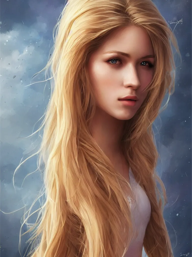 Image similar to a gorgeous female with long blonde hair in the style of stefan kostic, realistic, full body, sharp focus, 8 k high definition, insanely detailed, intricate, elegant, art by stanley lau and artgerm, floating embers