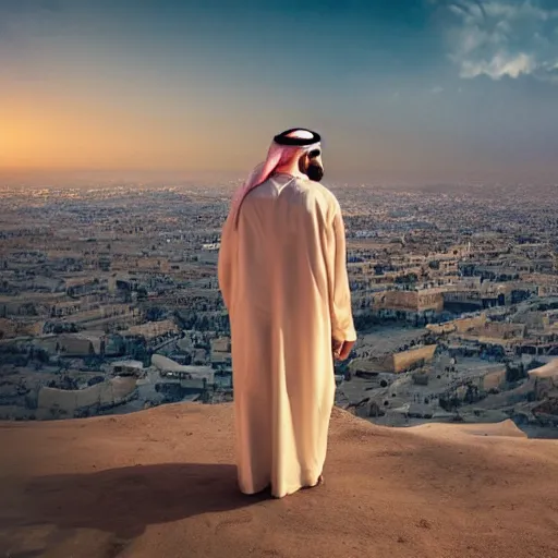 Prompt: a man in traditional Arabian costume overlooking his empire, cinematic, hyper realistic, soft lighting, intricate details, stunning