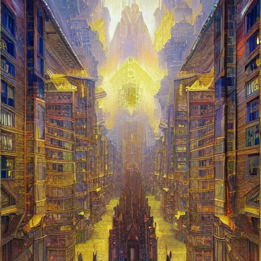 Image similar to beautiful painting of an art moderne city, glowing windows. reflective detailed textures, moth wings, highly detailed dark fantasy science fiction painting by donato giancola and peter mohrbacher and nicholas roerich and diego rivera, elaborate geometric ornament, ancient runes, silver and cool colors. artstation