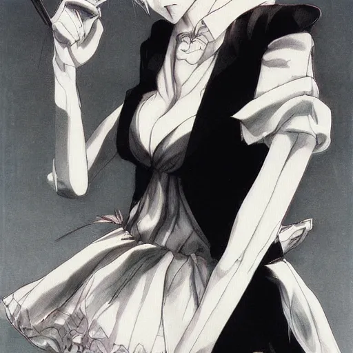 Image similar to Yoshitaka Amano realistic illustration of an anime girl with short white hair and black eyes wearing tuxedo, black and white battle background from Earthbound game, film grain effect, highly detailed, Renaissance oil painting
