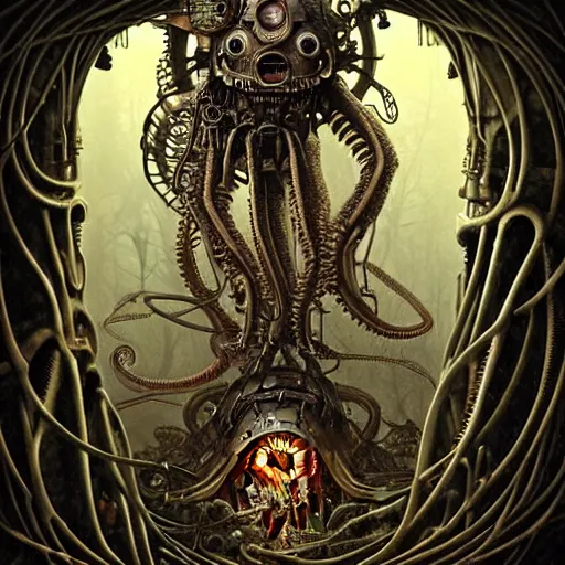 Prompt: biomechanical steampunk creature with robotic parts and big octopus head and (glowing) eyes guarding an ancient lush cave in a mystic forest, gothic and baroque, brutalist architecture, ultradetailed, creepy ambiance, fog, artgerm, giger, Intricate by Ellen Jewett and Josan Gonzalez and Giuseppe Arcimboldo