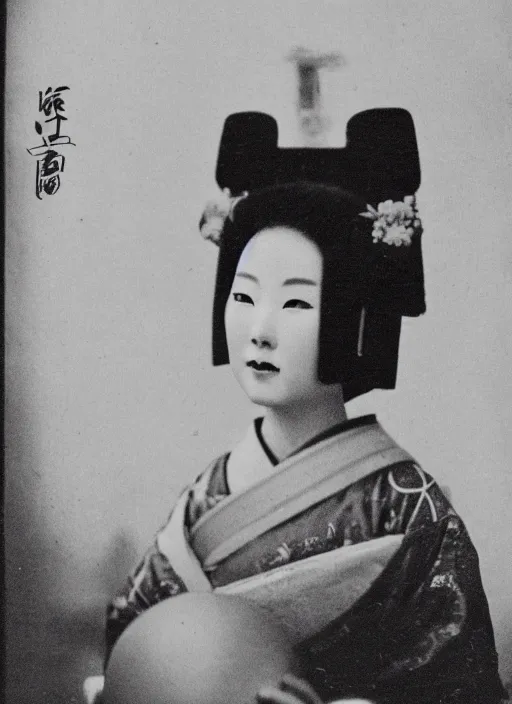 Image similar to old vintage photo of Chinese ancient geisha in the ancient temple looking at big space suit helmet laying in front of her on the altar, symmetrical face, big eyes and lips, looking at camera, subtle makeup, clean face and body skin,ecstatic expression,volumetric lights,depth of field, lens flares, dust in the air, moody lighting, intricate, elegant, highly detailed, centered, smooth, sharp focus, Donato Giancola, Joseph Christian Leyendecker, WLOP, Boris Vallejo, Artgerm moody photography, old photo, black and white, sepia, cinematic lighting, cinematic angle, national geographic