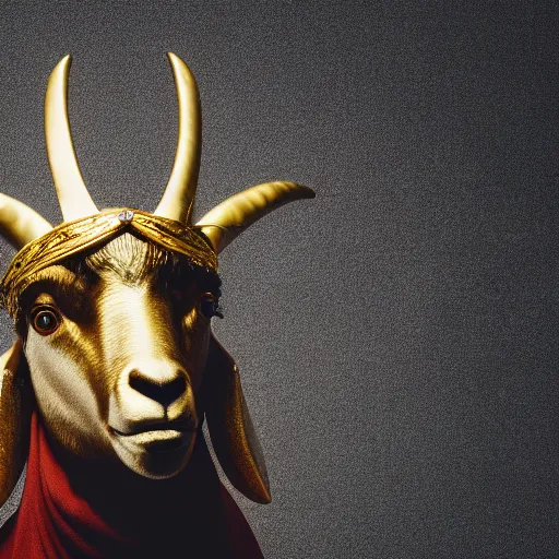 Prompt: Cinematic still of a sculpture of an anthropomorphic goat wearing a gold crown and royal robe, portrait, shallow depth of field, rap album cover